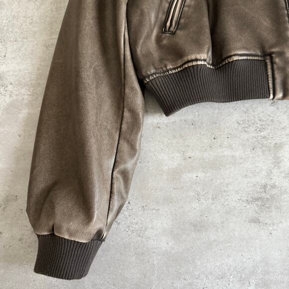 Zara cropped faux leather bomber jacket in distressed brown womens size medium - Picture 7 of 8